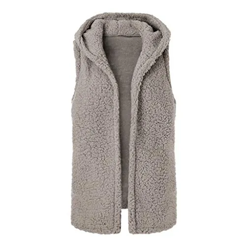 TRENDINAO Winter Vest with Hoodie for Women,Faux Fur Waistcoat Warm Wool Coat Zip Up Fleece Sherpa Jackets Khaki