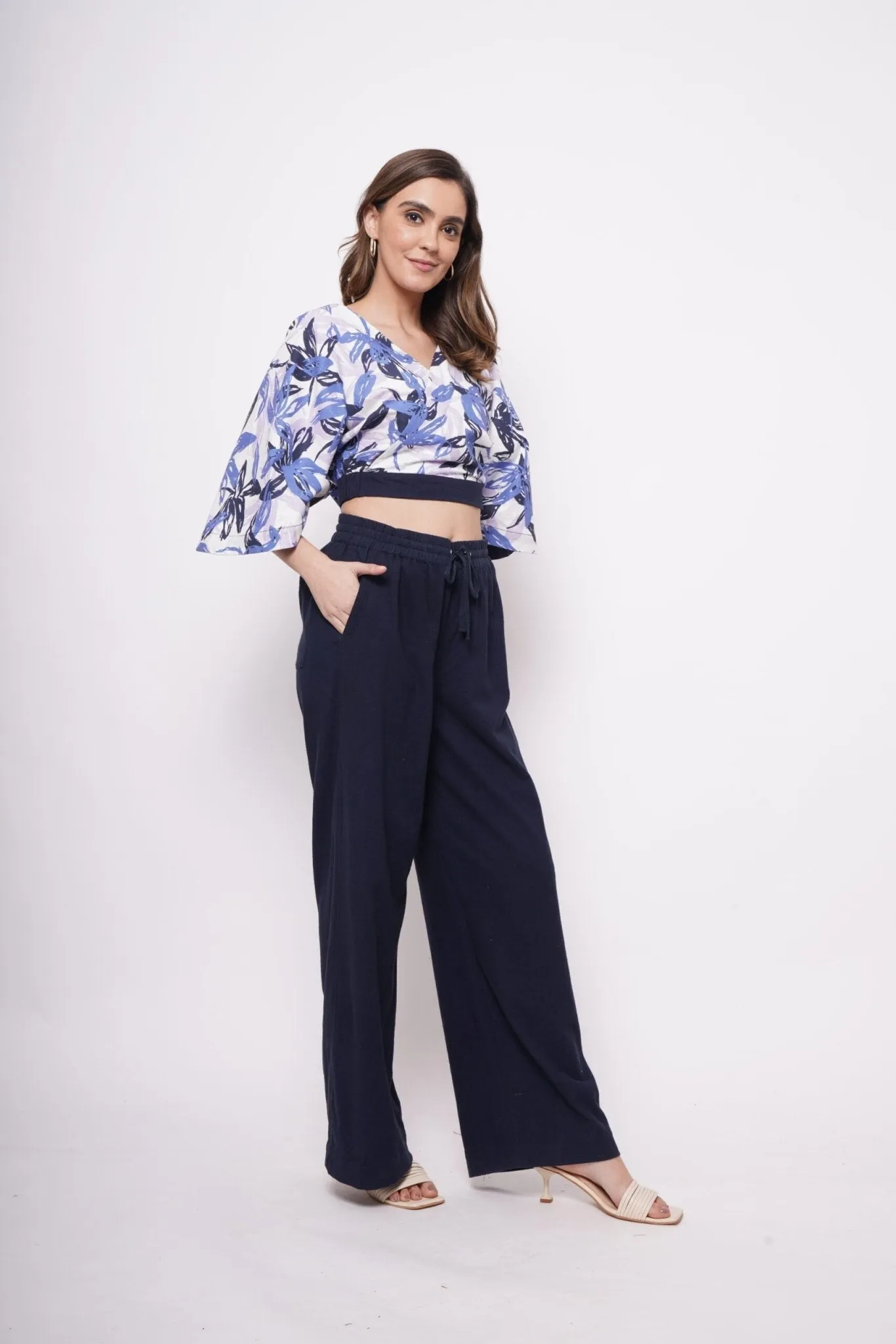 V Neck Blue Printed Linen Top