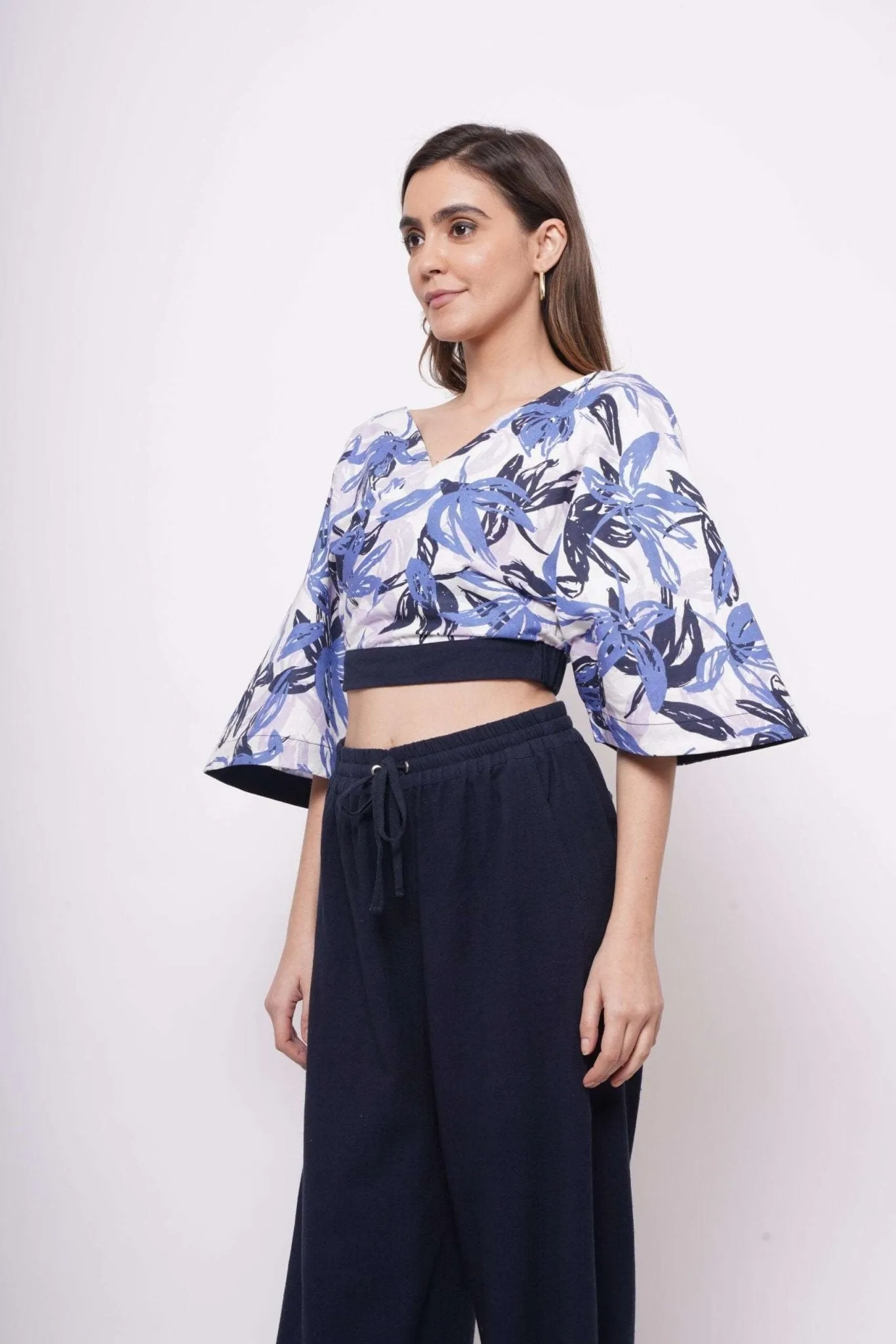 V Neck Blue Printed Linen Top