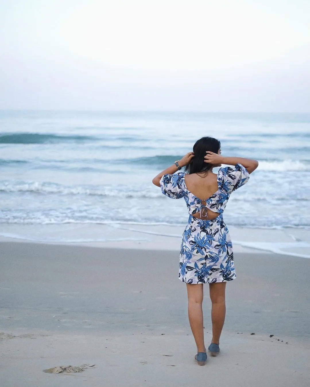 V Neck Blue Printed Linen Top