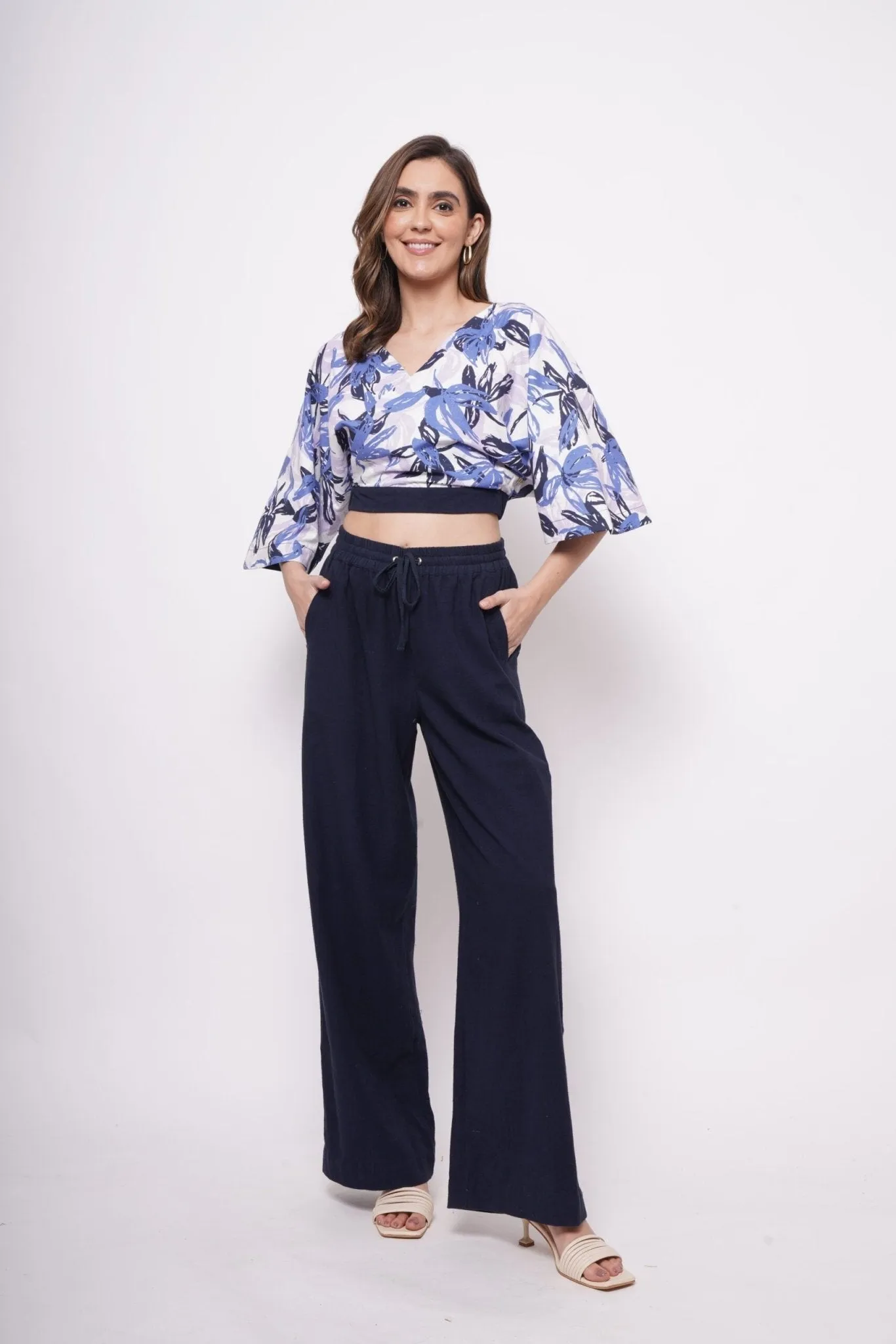V Neck Blue Printed Linen Top
