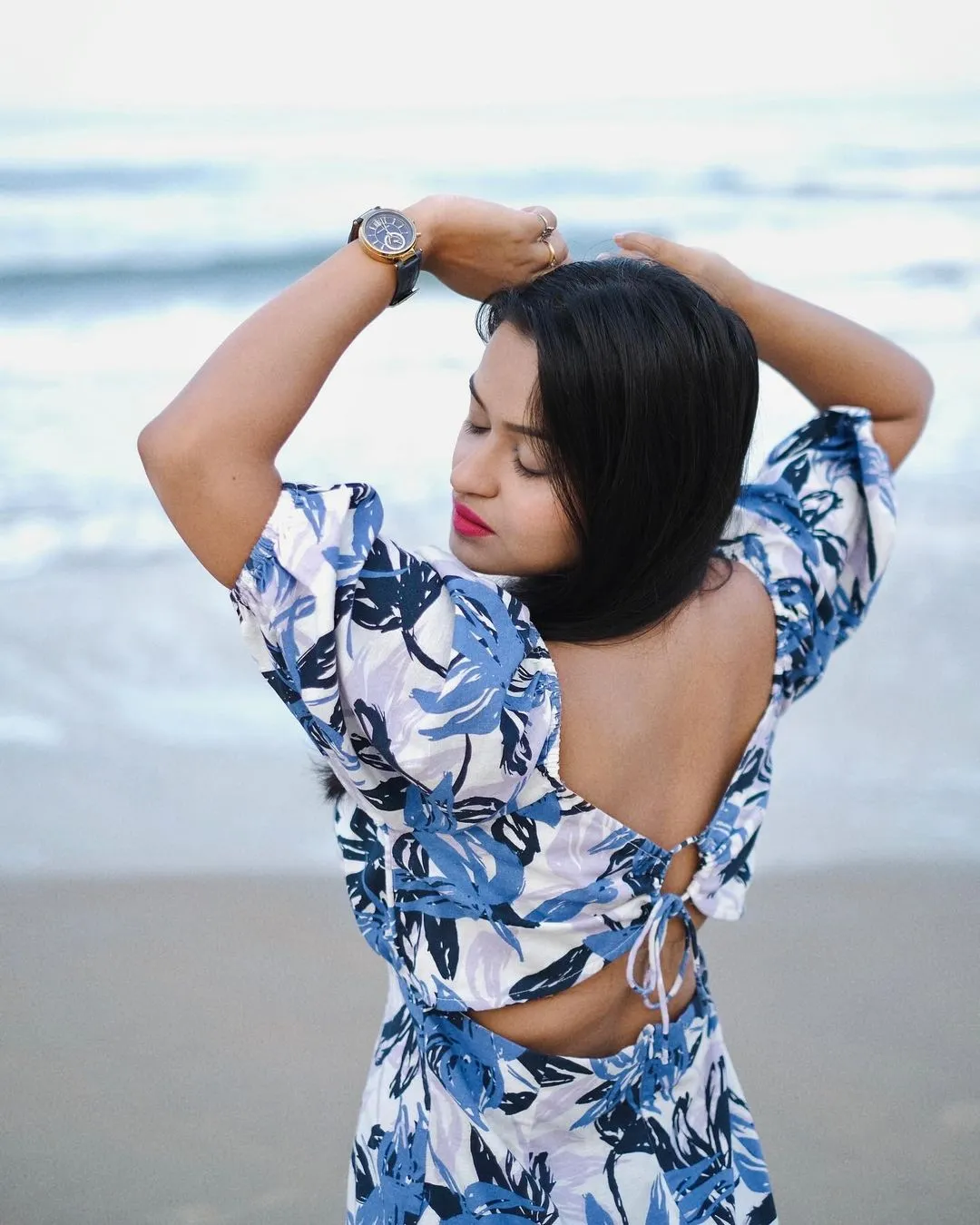 V Neck Blue Printed Linen Top