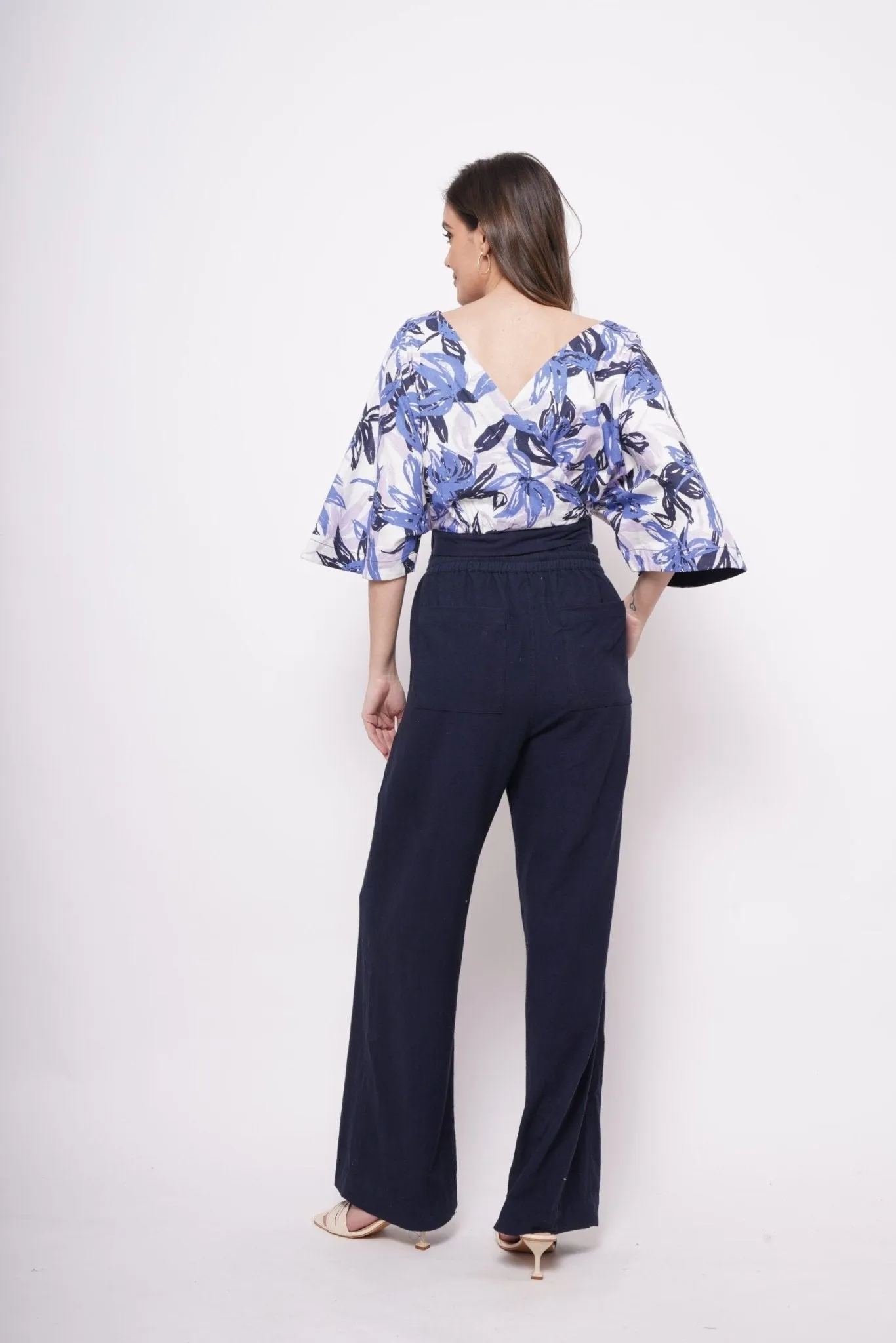 V Neck Blue Printed Linen Top
