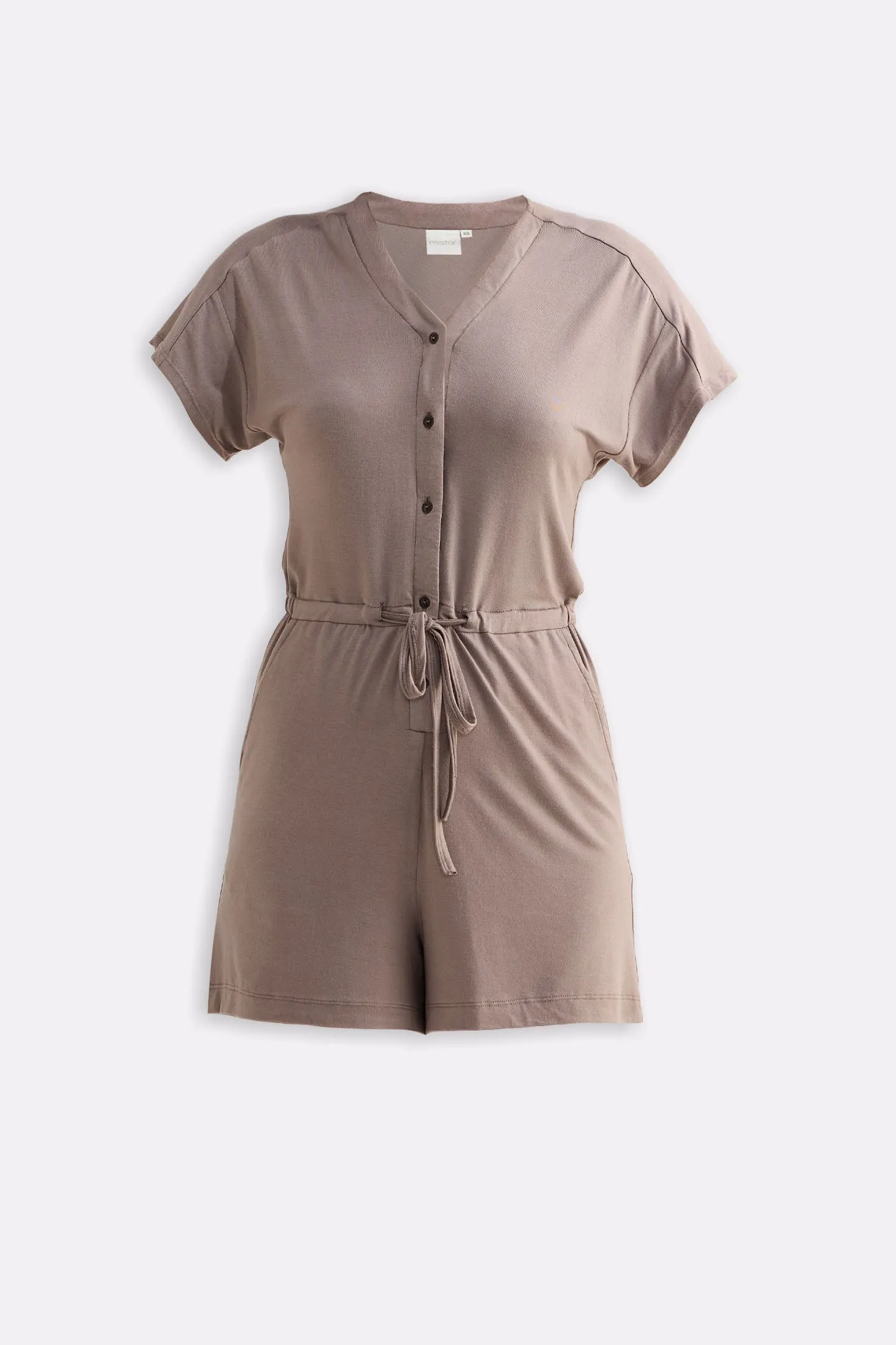 V-neck Drawstring Knit Romper in Dusty Brown