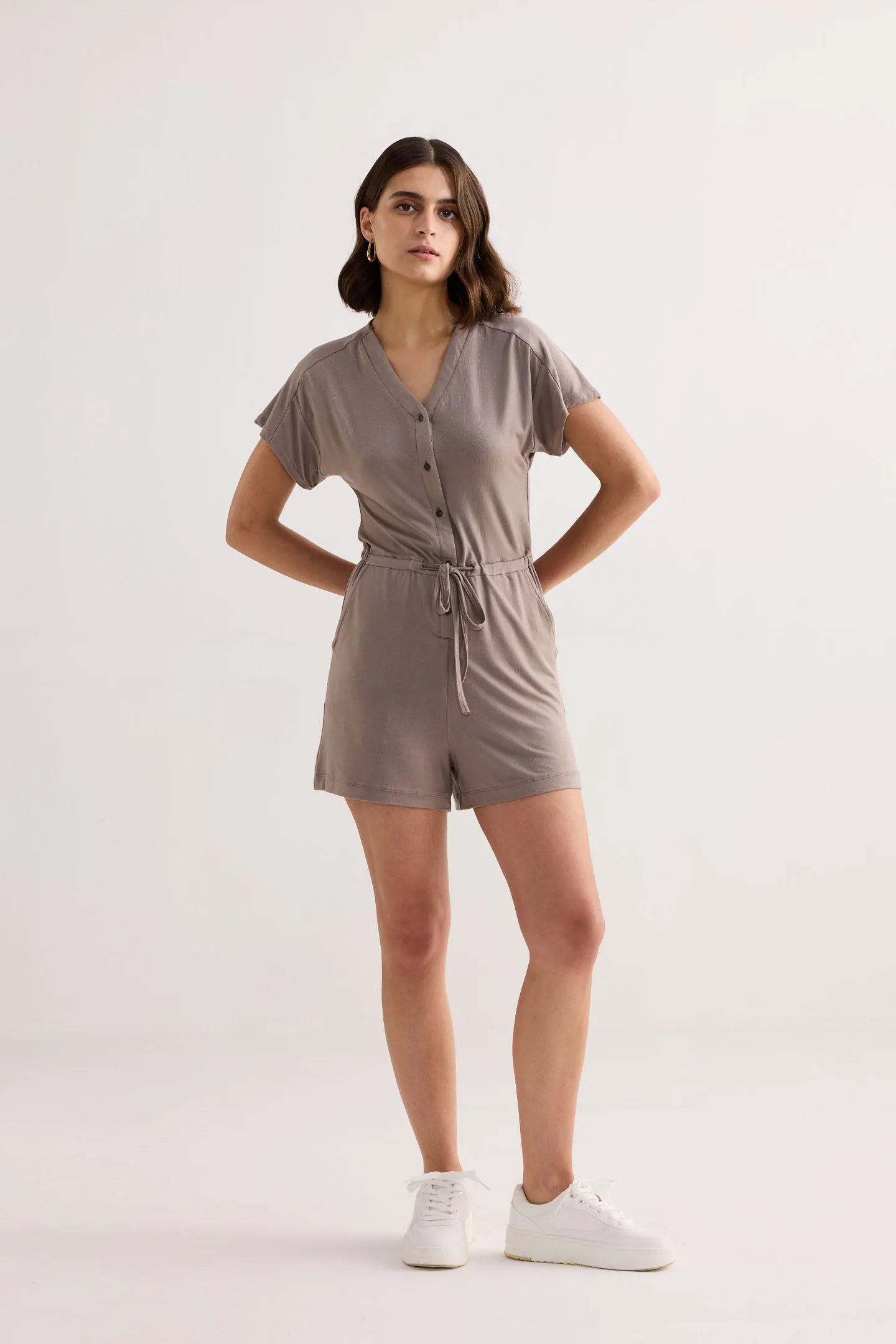 V-neck Drawstring Knit Romper in Dusty Brown