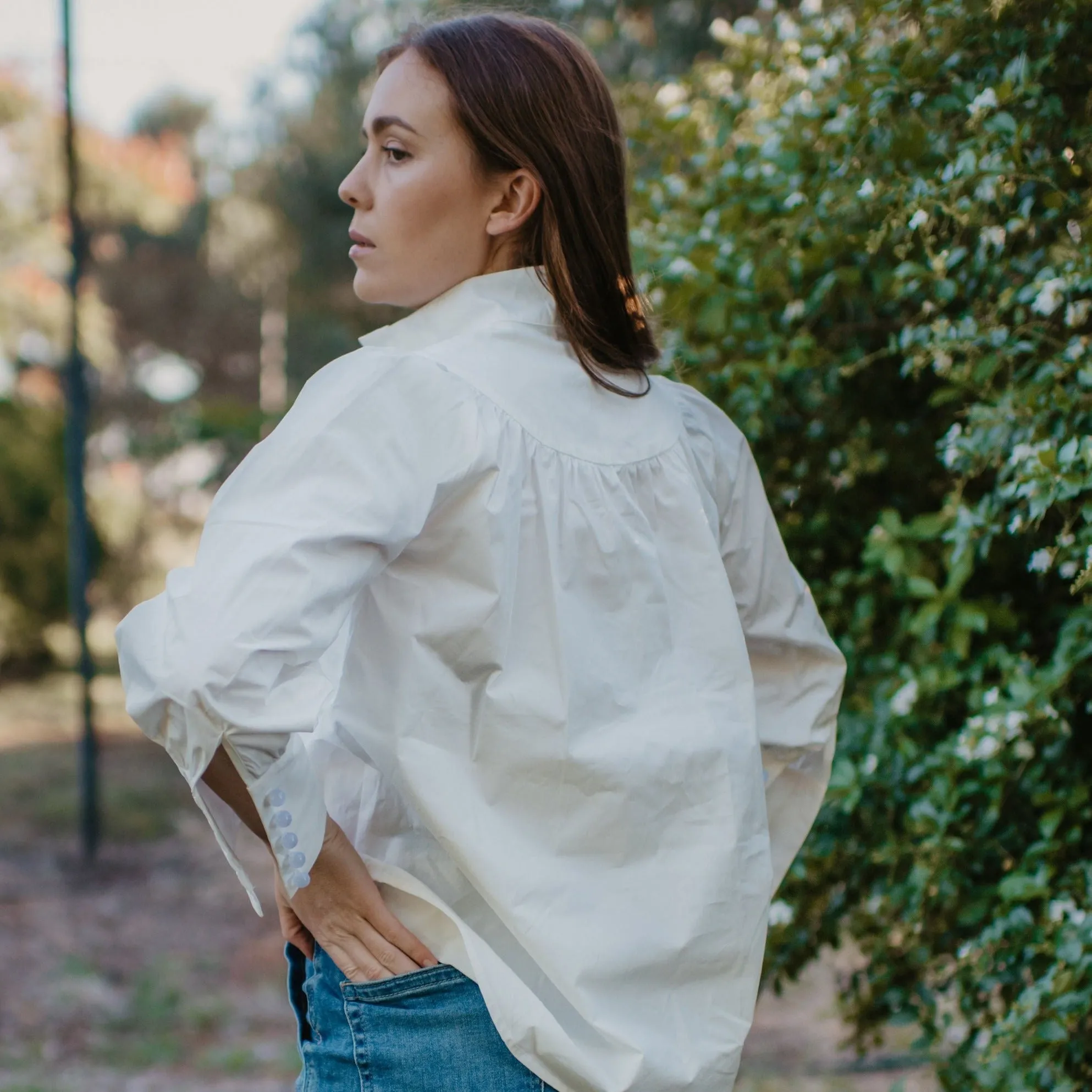 White Cotton Stand Collared Blouse