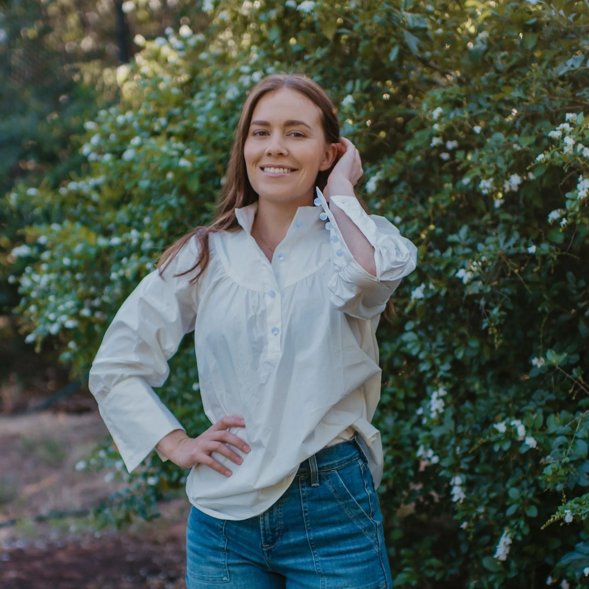 White Cotton Stand Collared Blouse