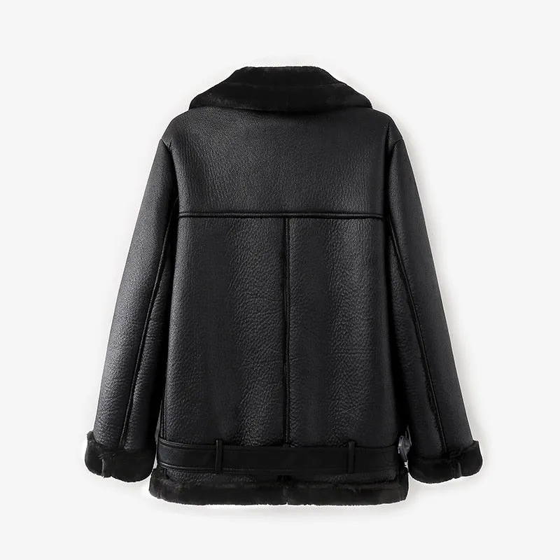 Women Winter Faux Sheepskin Shearling Coats Women Vintage Motorcycle Thicken Jacket Warm Artificial Fur Black Red Coats UV3081