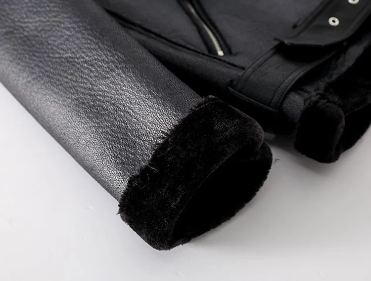 Women Winter Faux Sheepskin Shearling Coats Women Vintage Motorcycle Thicken Jacket Warm Artificial Fur Black Red Coats UV3081