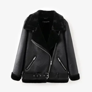 Women Winter Faux Sheepskin Shearling Coats Women Vintage Motorcycle Thicken Jacket Warm Artificial Fur Black Red Coats UV3081