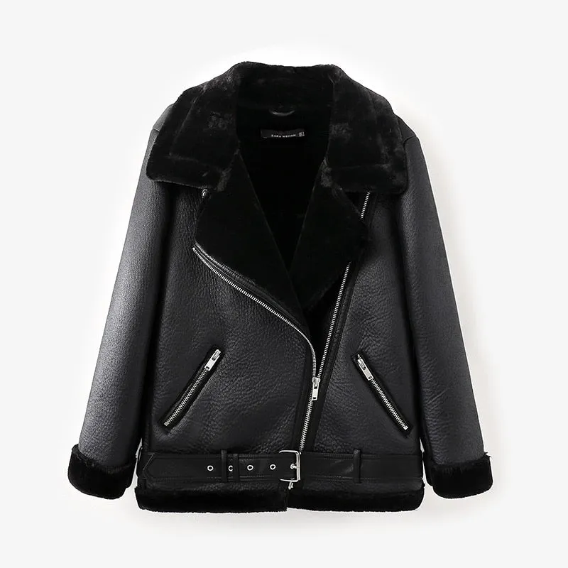 Women Winter Faux Sheepskin Shearling Coats Women Vintage Motorcycle Thicken Jacket Warm Artificial Fur Black Red Coats UV3081
