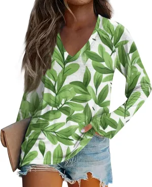 Women's 2025 Fall Long Sleeve Tops V Neck Sexy Floral Print Tee Tops Trendy Cute Loose Fit Dressy Winter Sweatshirt