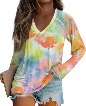 Women's 2025 Fall Long Sleeve Tops V Neck Sexy Floral Print Tee Tops Trendy Cute Loose Fit Dressy Winter Sweatshirt