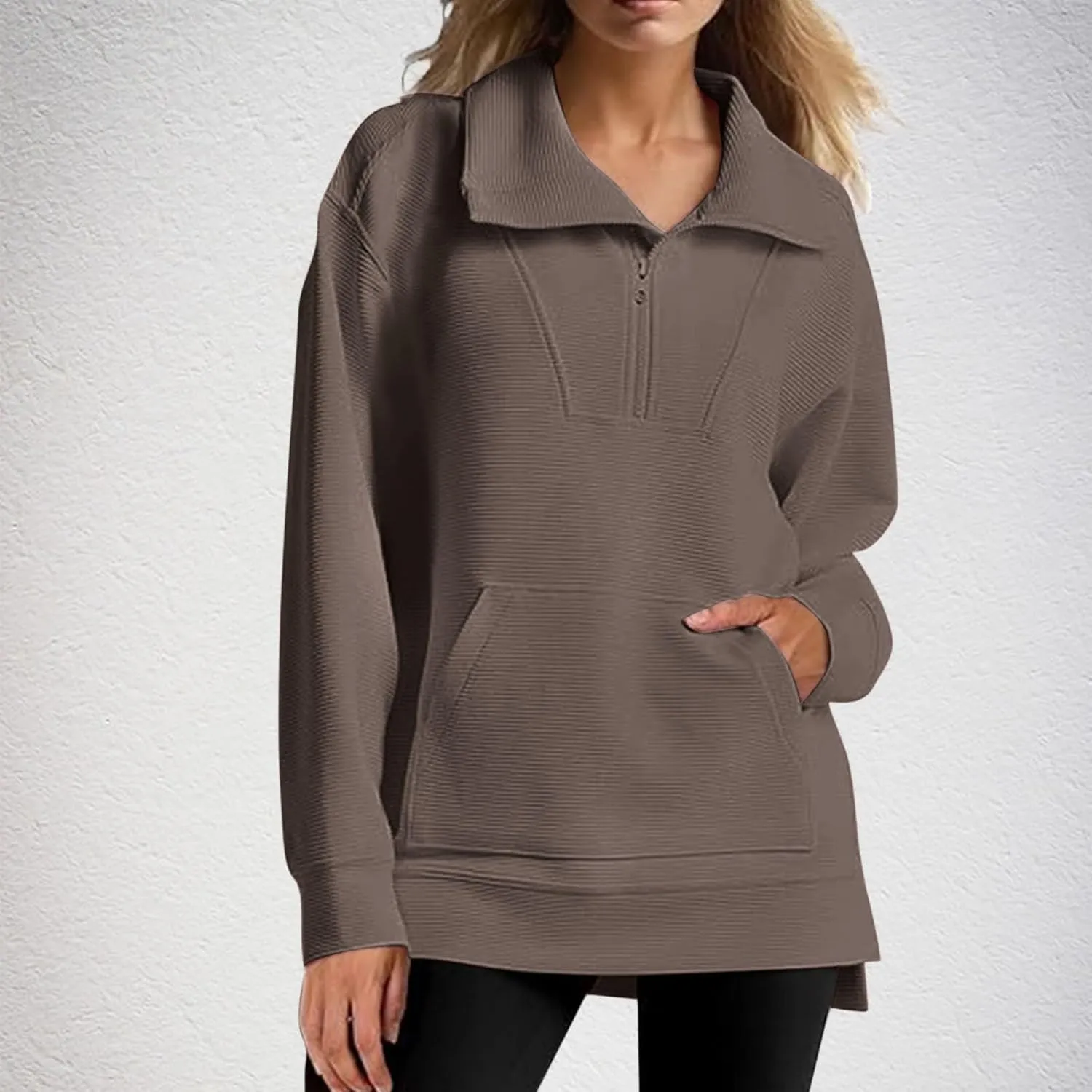 Womens 3/4 Zip Pullover Stand Collar Half Zip Sweatshirt with Pocket Casual Loose Fit Tunic Tops 2025 Spring Outfits