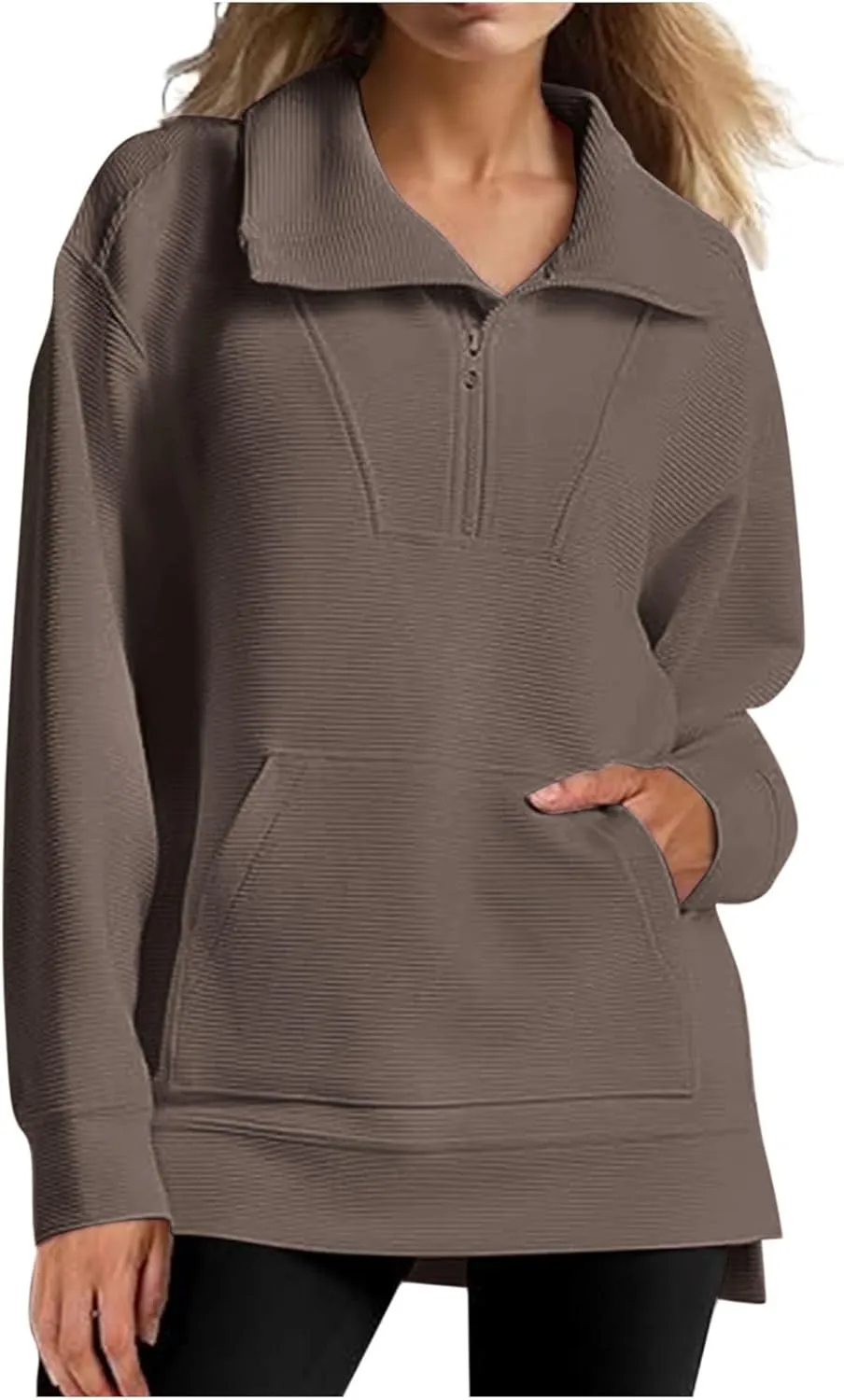 Womens 3/4 Zip Pullover Stand Collar Half Zip Sweatshirt with Pocket Casual Loose Fit Tunic Tops 2025 Spring Outfits