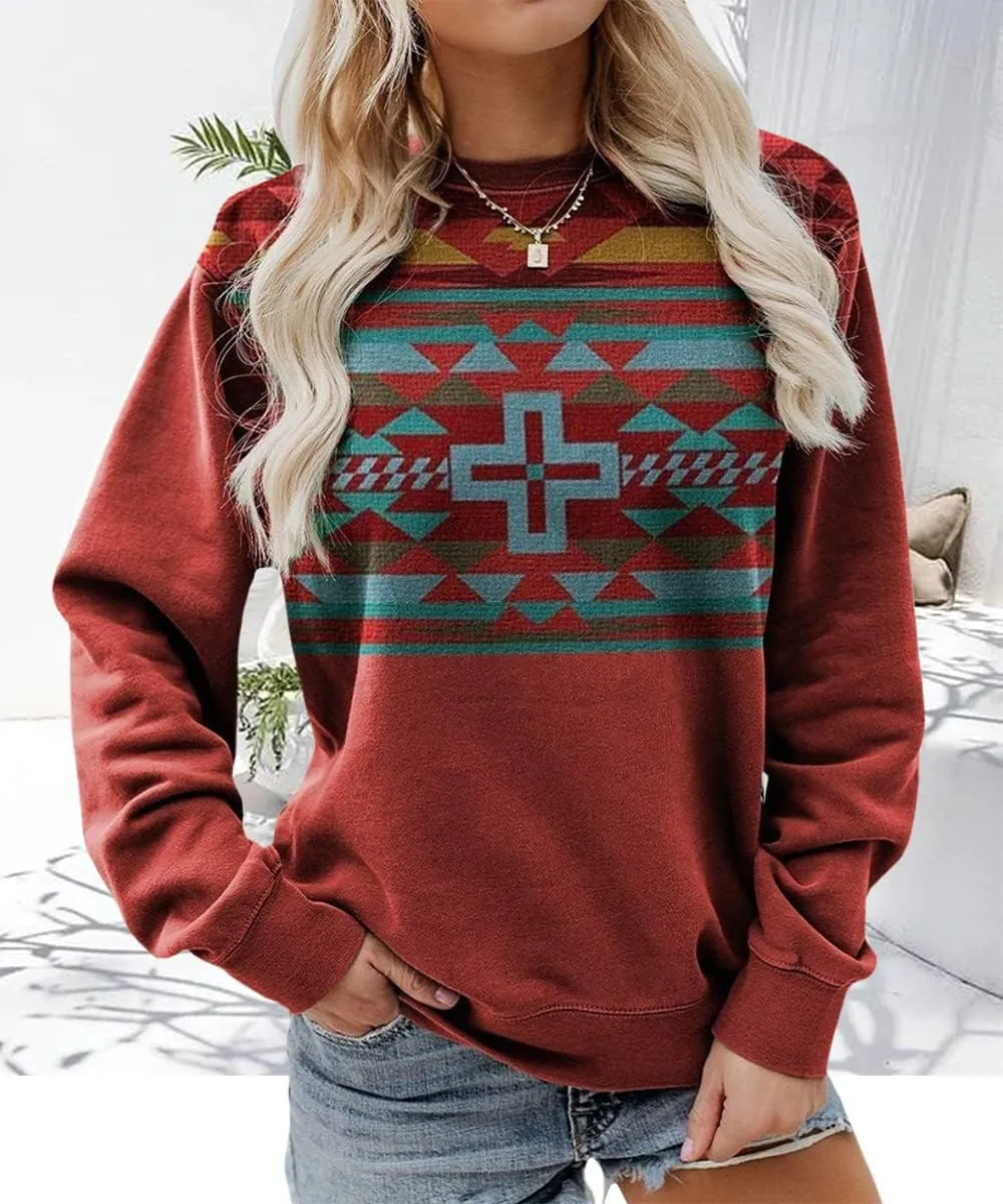 Women's Aztec Pullover Western Ethnic Sweatshirt Casual Crew Neck Oversized Loose Fit Cowgirl Rhombus Print Tops Hoodie