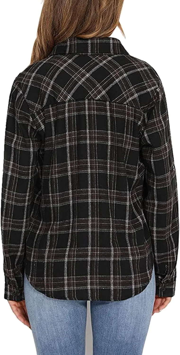 Womens Classic Plaid Shirt Long Sleeve Button Down Up Shirts 2025 Stylish Oversized Loose Fit Blouse V Neck Tops