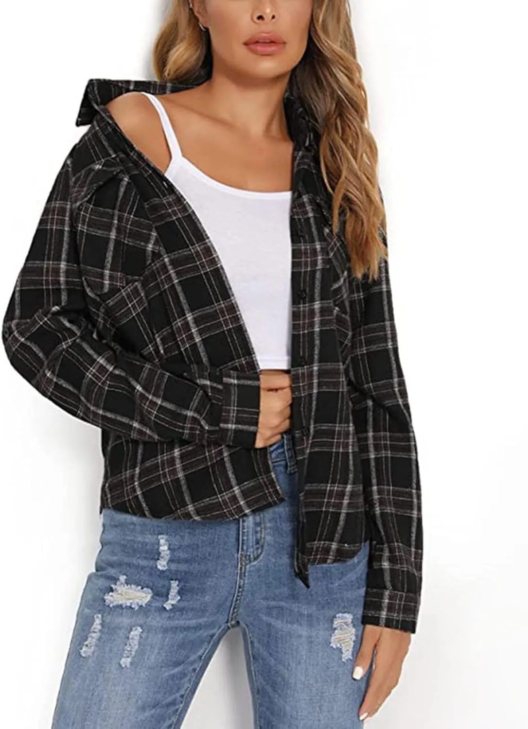 Womens Classic Plaid Shirt Long Sleeve Button Down Up Shirts 2025 Stylish Oversized Loose Fit Blouse V Neck Tops