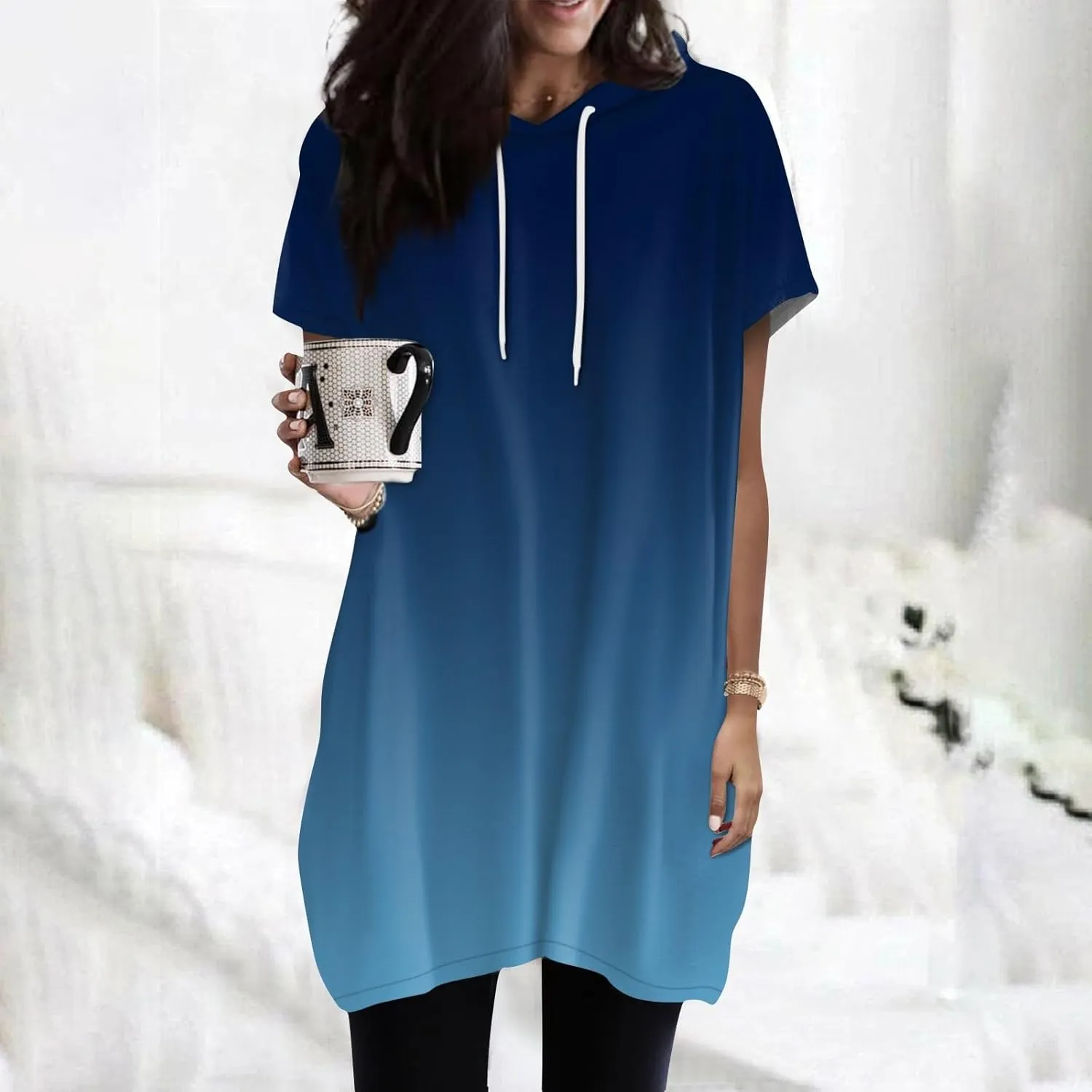 Womens Hooded Tops Casual Loose Fit Short Sleeve Shirts for Leggings Spring Fashion Tunic Tops with Pockets