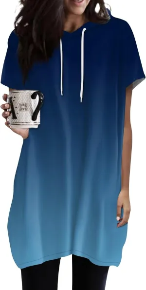 Womens Hooded Tops Casual Loose Fit Short Sleeve Shirts for Leggings Spring Fashion Tunic Tops with Pockets