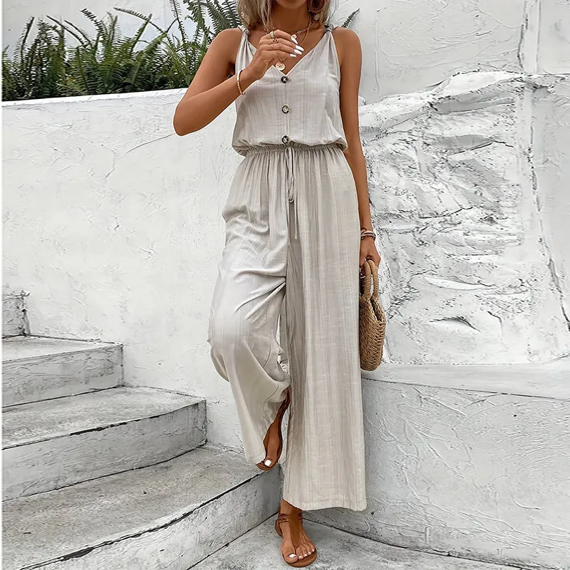 Womens Jumpsuit  Cotton Blend  Relaxed Fit  Sleeveless Wide Leg  Button Front