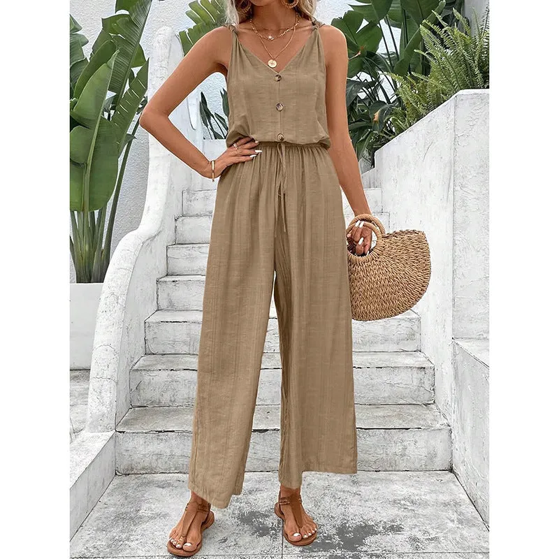 Womens Jumpsuit  Cotton Blend  Relaxed Fit  Sleeveless Wide Leg  Button Front