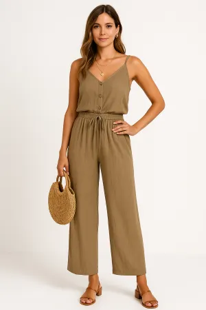 Womens Jumpsuit  Cotton Blend  Relaxed Fit  Sleeveless Wide Leg  Button Front