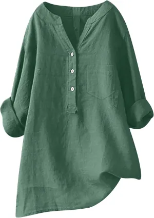 Womens Linen Shirts V-Neck Button Blouses Solid Color Henley Tee Top Short Sleeve Loose Fit T-Shirt