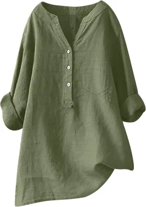 Womens Linen Shirts V-Neck Button Blouses Solid Color Henley Tee Top Short Sleeve Loose Fit T-Shirt