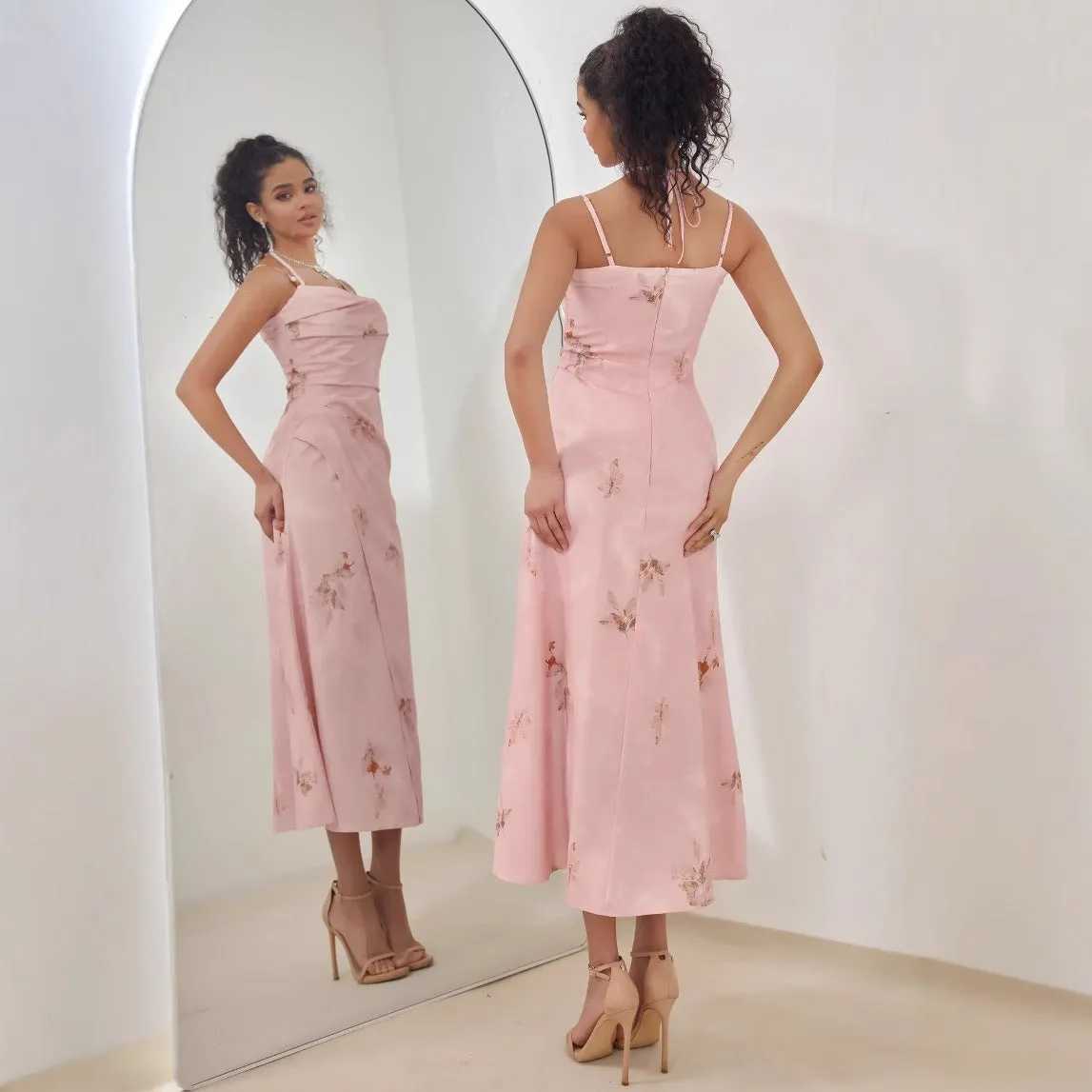 Womens Midi Dress  Satin Feel  A-Line Fit  Strappy Floral Formal Wear