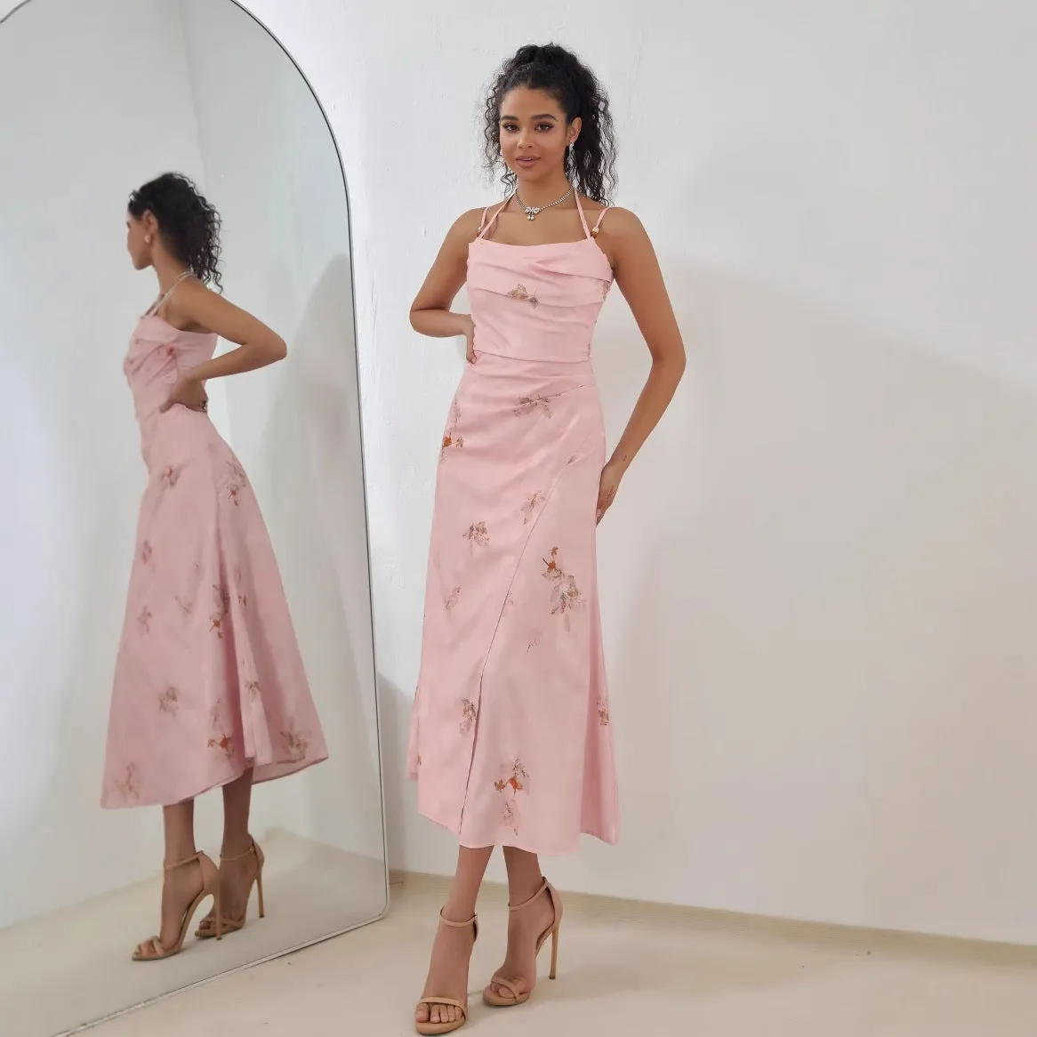 Womens Midi Dress  Satin Feel  A-Line Fit  Strappy Floral Formal Wear