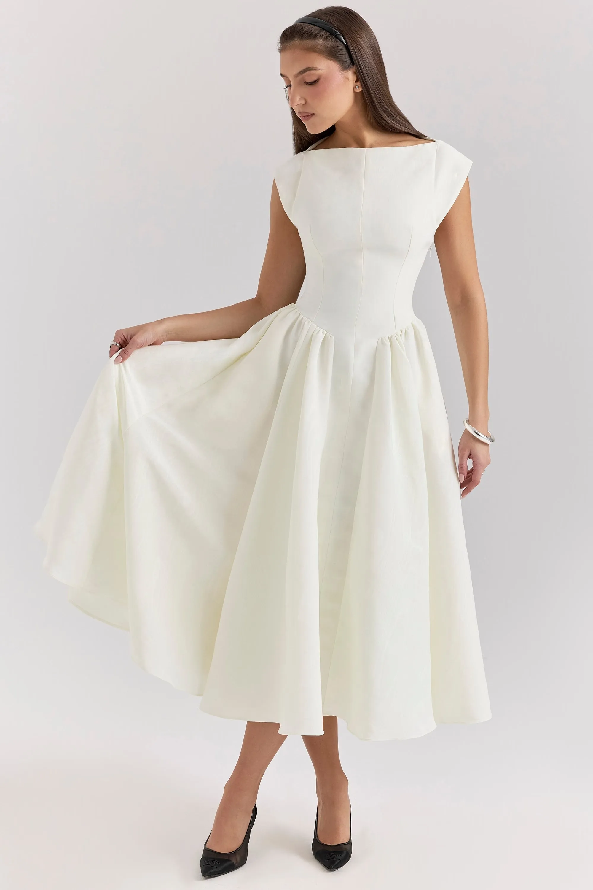 Womens Midi Dress  Satin Finish  A-Line Fit  Sleeveless  High Neck  Formal Wear
