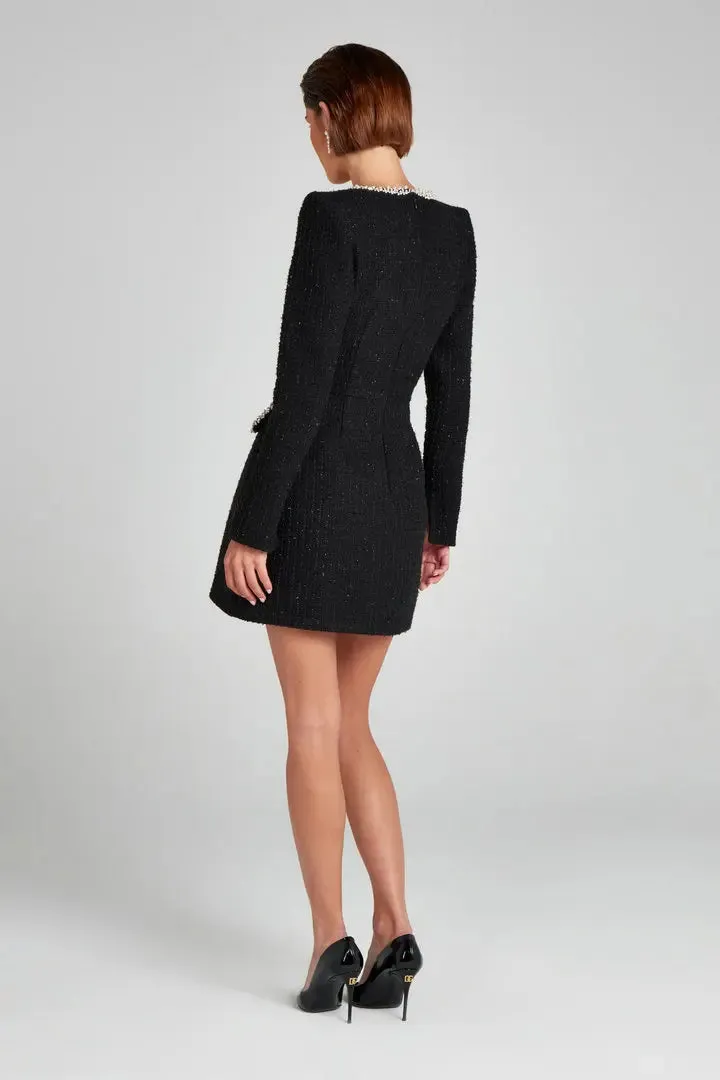 Womens Mini Dress Blazer  Tweed Tailored Fit  Pearl Trim  Long Sleeve Formal Wear
