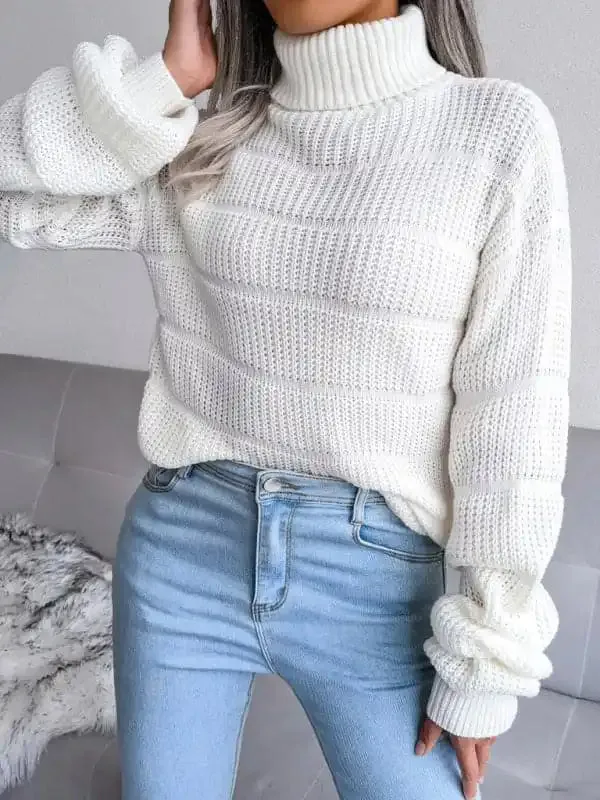 Women’s Turtleneck Drop Shoulder Sleeves Cutout Casual Sweater