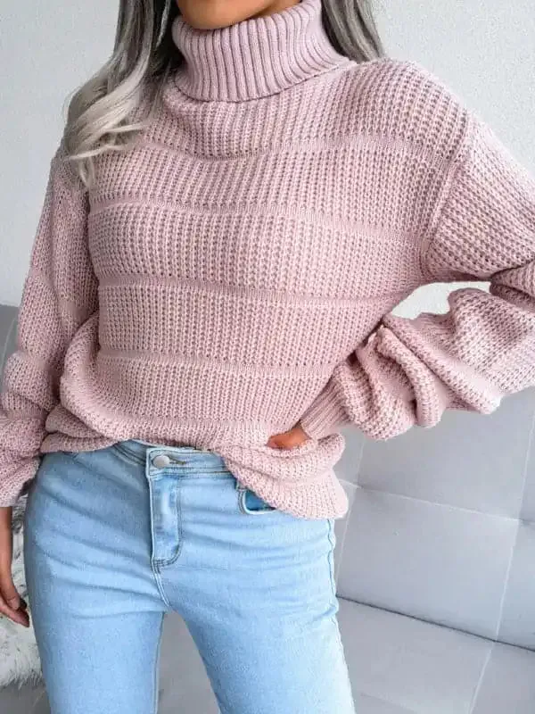 Women’s Turtleneck Drop Shoulder Sleeves Cutout Casual Sweater