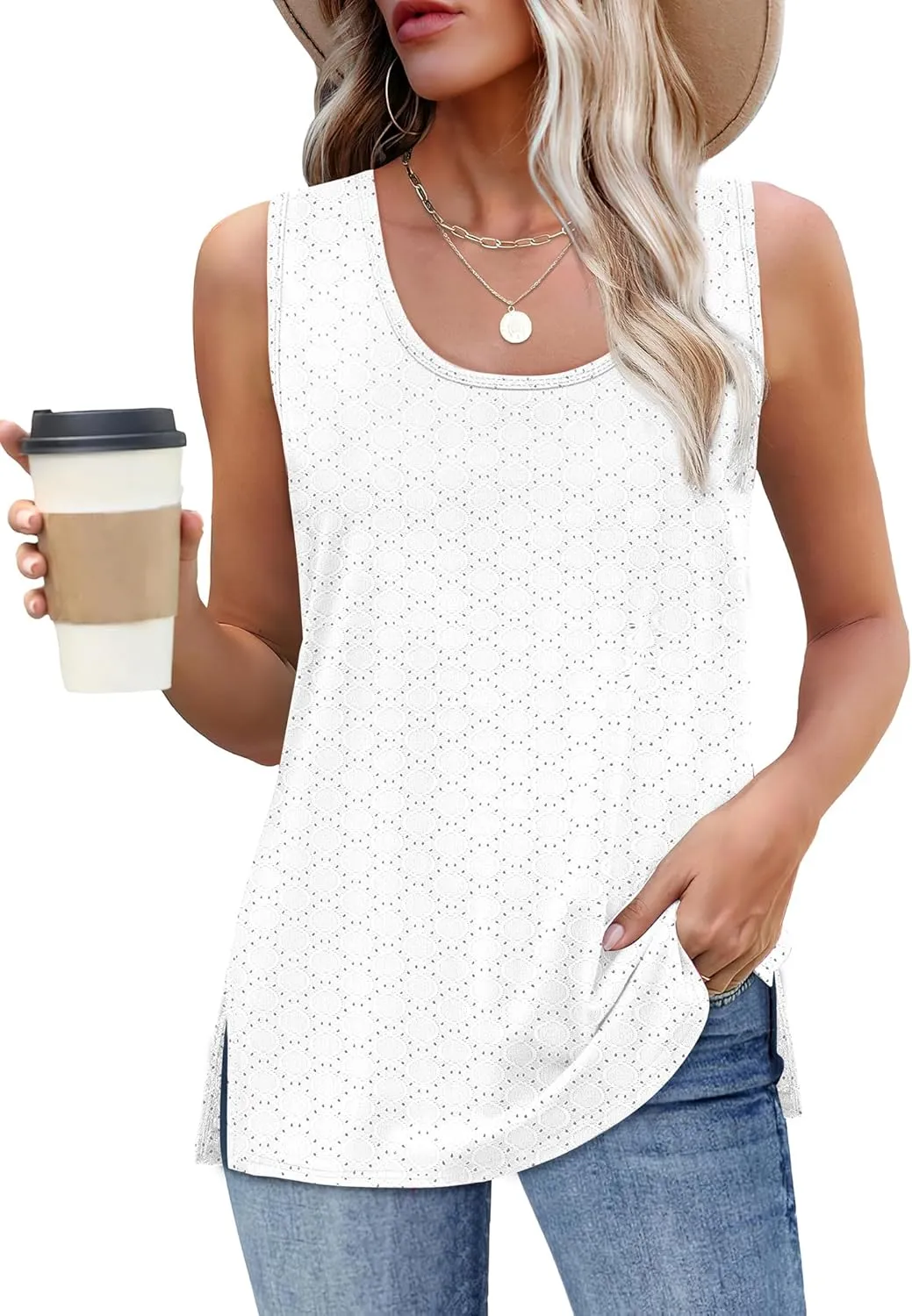XIEERDUO Womens Tank Tops Sleeveless Eyelet Embroidery Summer Tops Dressy Casual Loose Fit