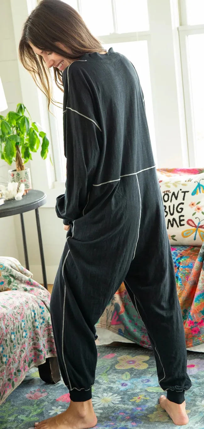 XL Only - Black Exposed Seam Oversized Drop Waist Jumpsuit - Generous Fit