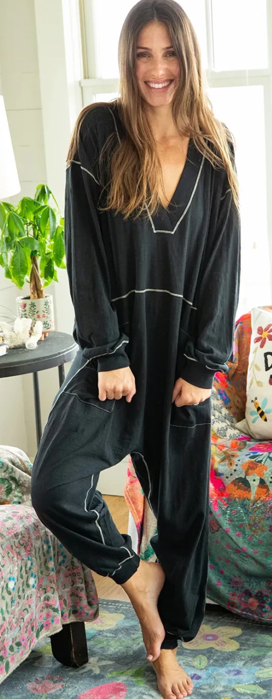 XL Only - Black Exposed Seam Oversized Drop Waist Jumpsuit - Generous Fit